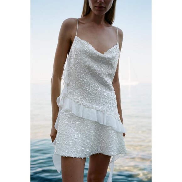 ZARA SEQUINNED RUFFLE MINI DRESS - Picture 1 of 7